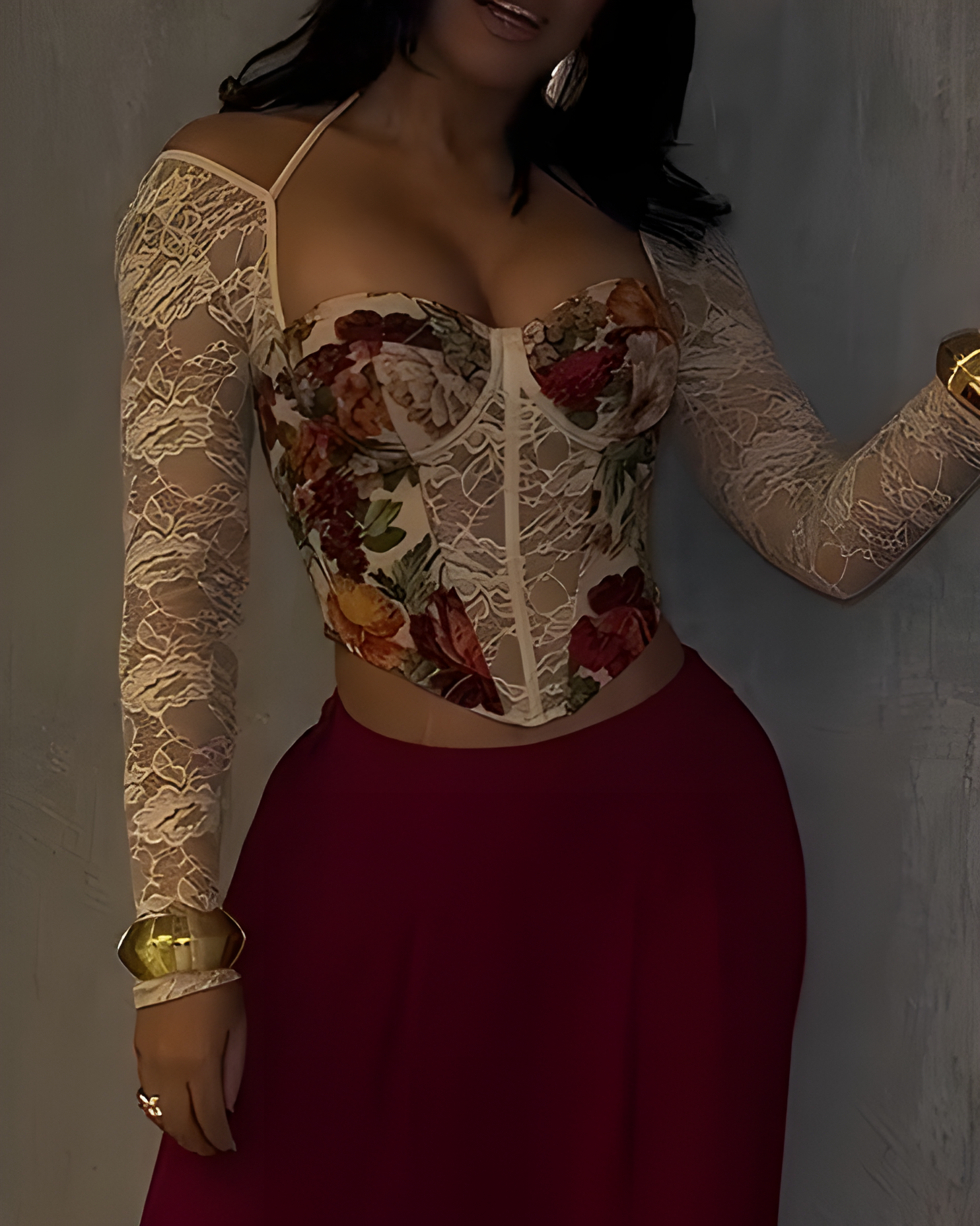 Printed Lace Panel Long Sleeve Corset Top