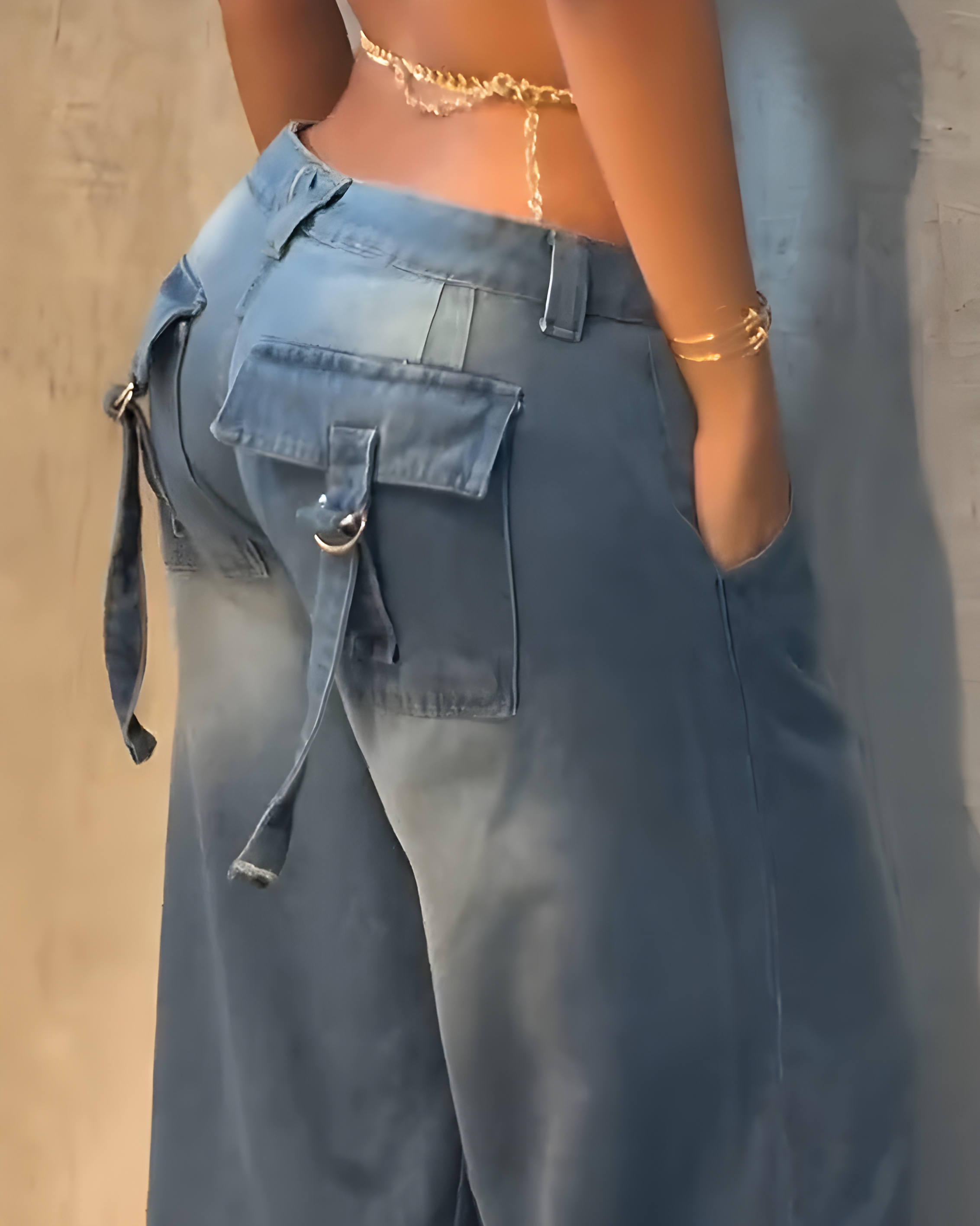 Fashionable Slim Cargo Style Wide-Leg Denim Jeans