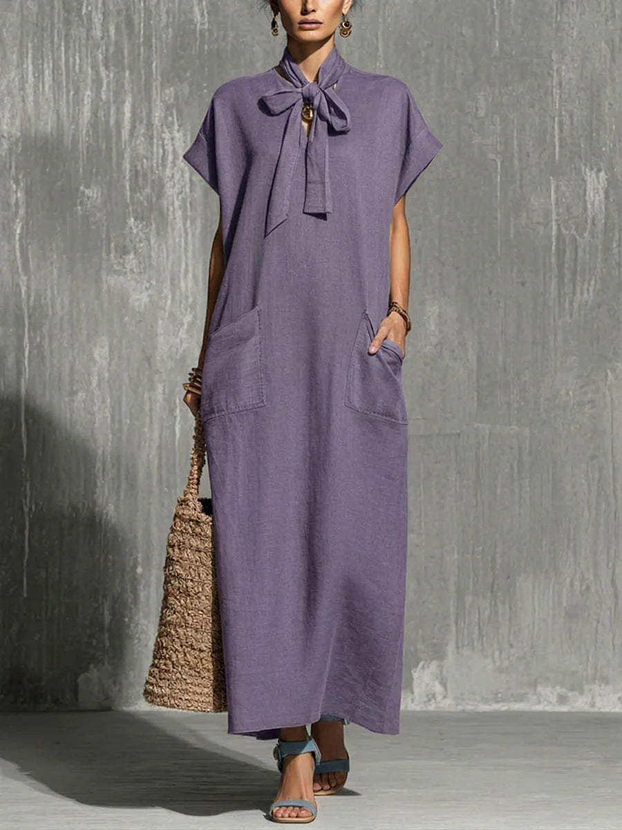 V-neck Lace-up Short-sleeve Solid-color Loose Casual Dress
