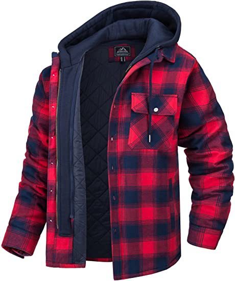 Men's Plaid Hooded Coat Warm Button Zip-up Jacket Casual Thick Padded Long Sleeves Outerwear Clothing