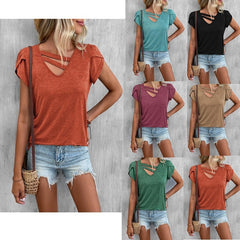 V-neck Stitching Petal Sleeve Loose T Top For Women