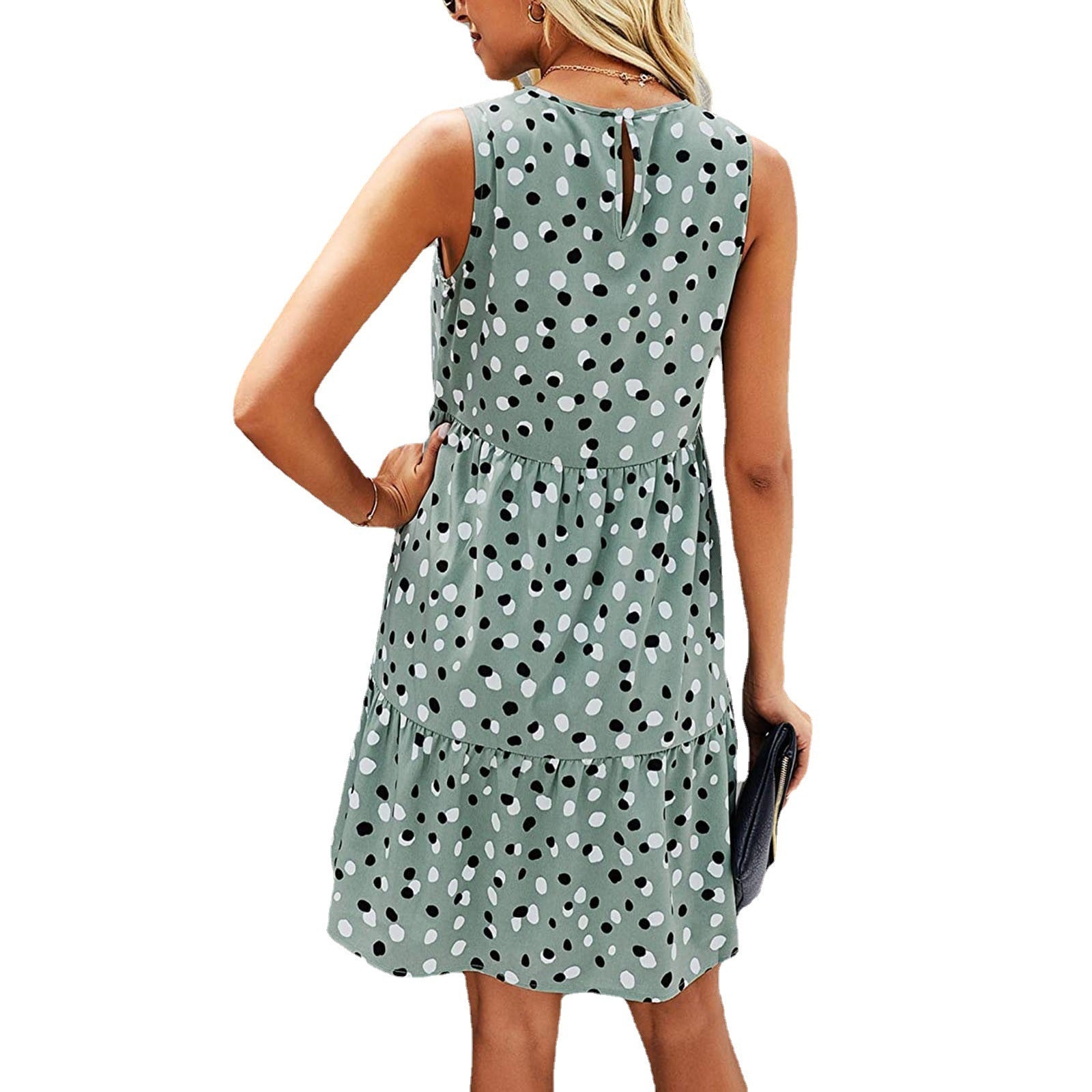 Dot Print Sleeveless Loose Swing T-Shirt Dress With Pocket Casual Tank Mini Dresses Sundress