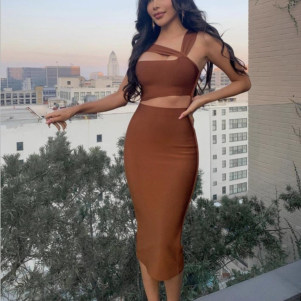 Oblique Shoulder Midriff Outfit Knee-length Skirt Cocktail Party Dress