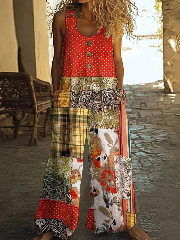 3D Digital Printing Vest With Pocket Floral Jumpsuit