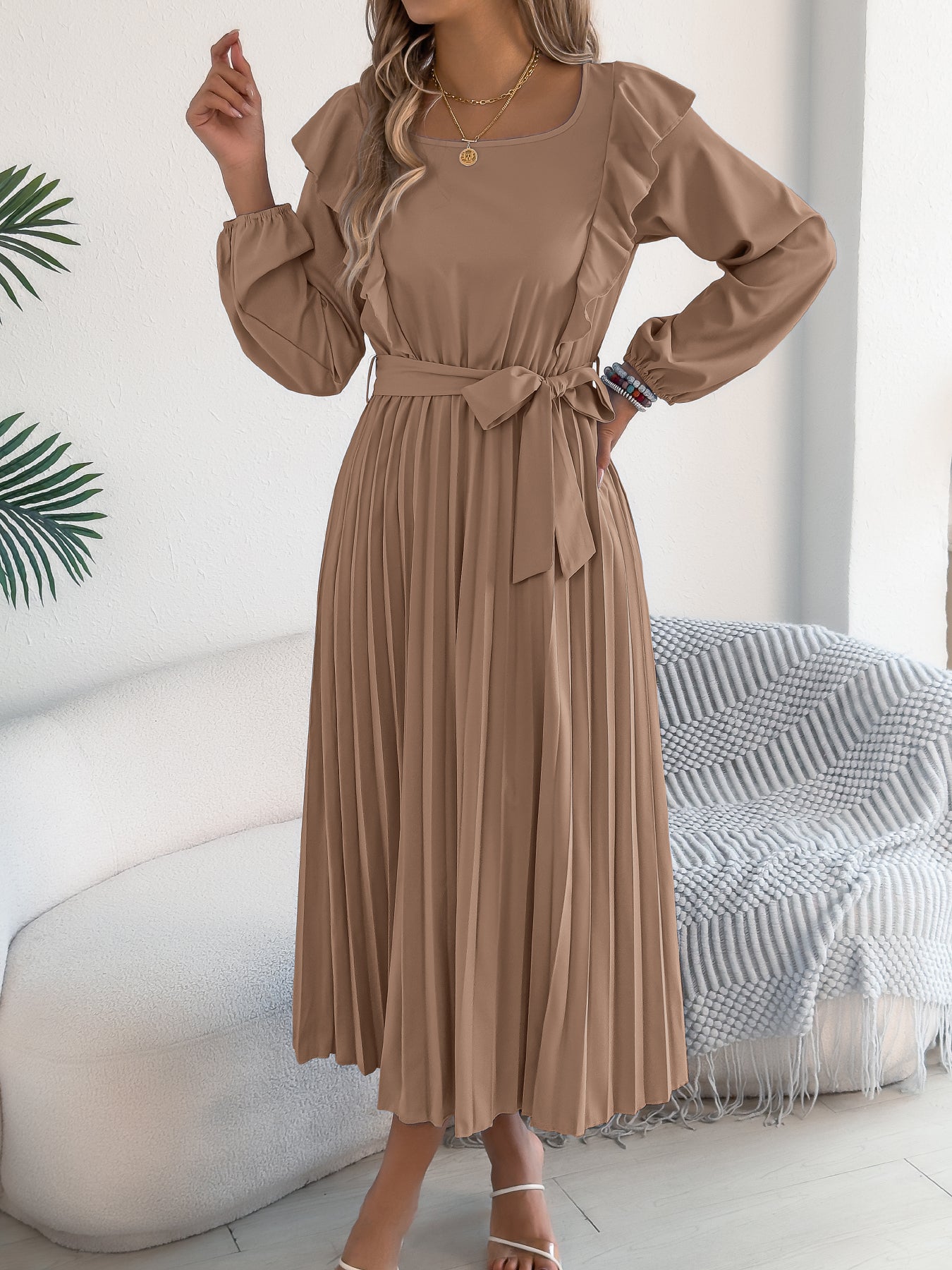Elegant Ruffle Trim Square Neck Long Sleeve Tie Waist Pleated Dress