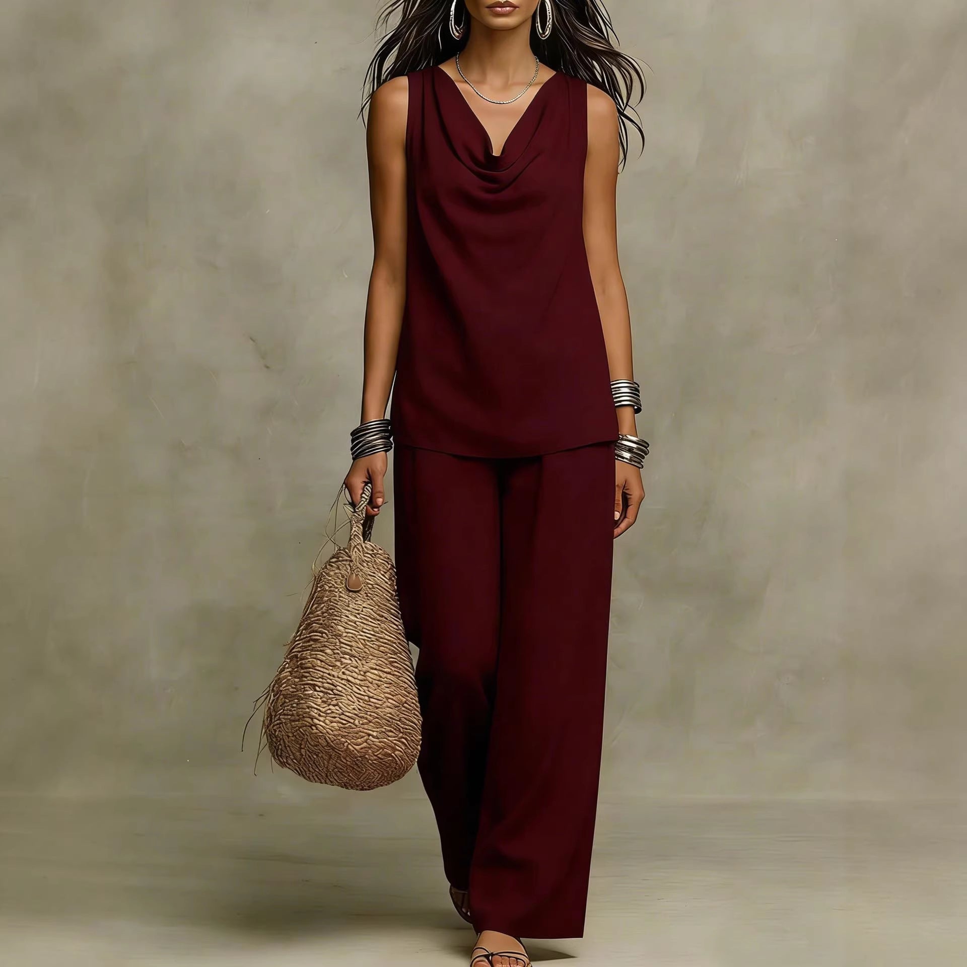 Womens Slash-Neck Sleeveless Tank Top And Casual Pants Set
