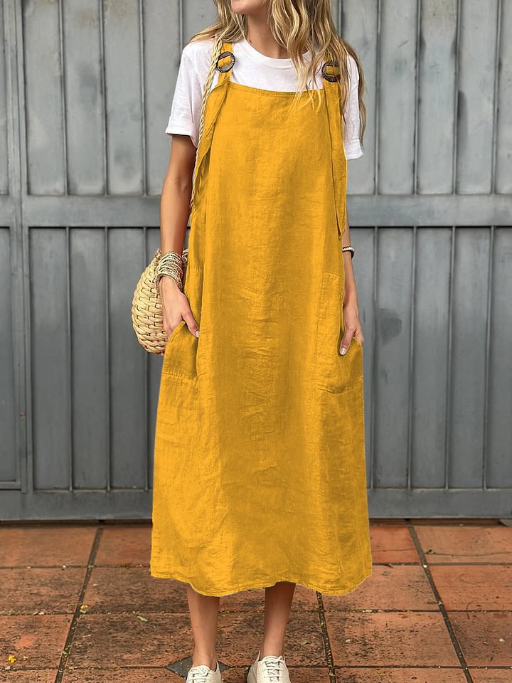 Adjustable Shoulder Strap Casual Cotton And Linen Dress
