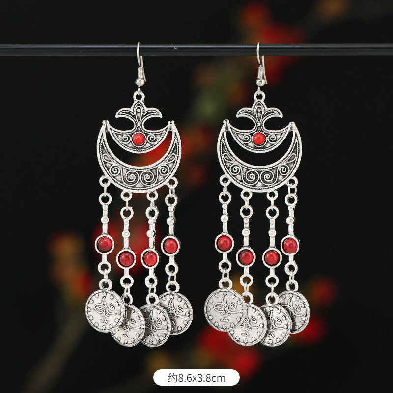 Retro Exotic Antique Silver Coin Tassel Earrings