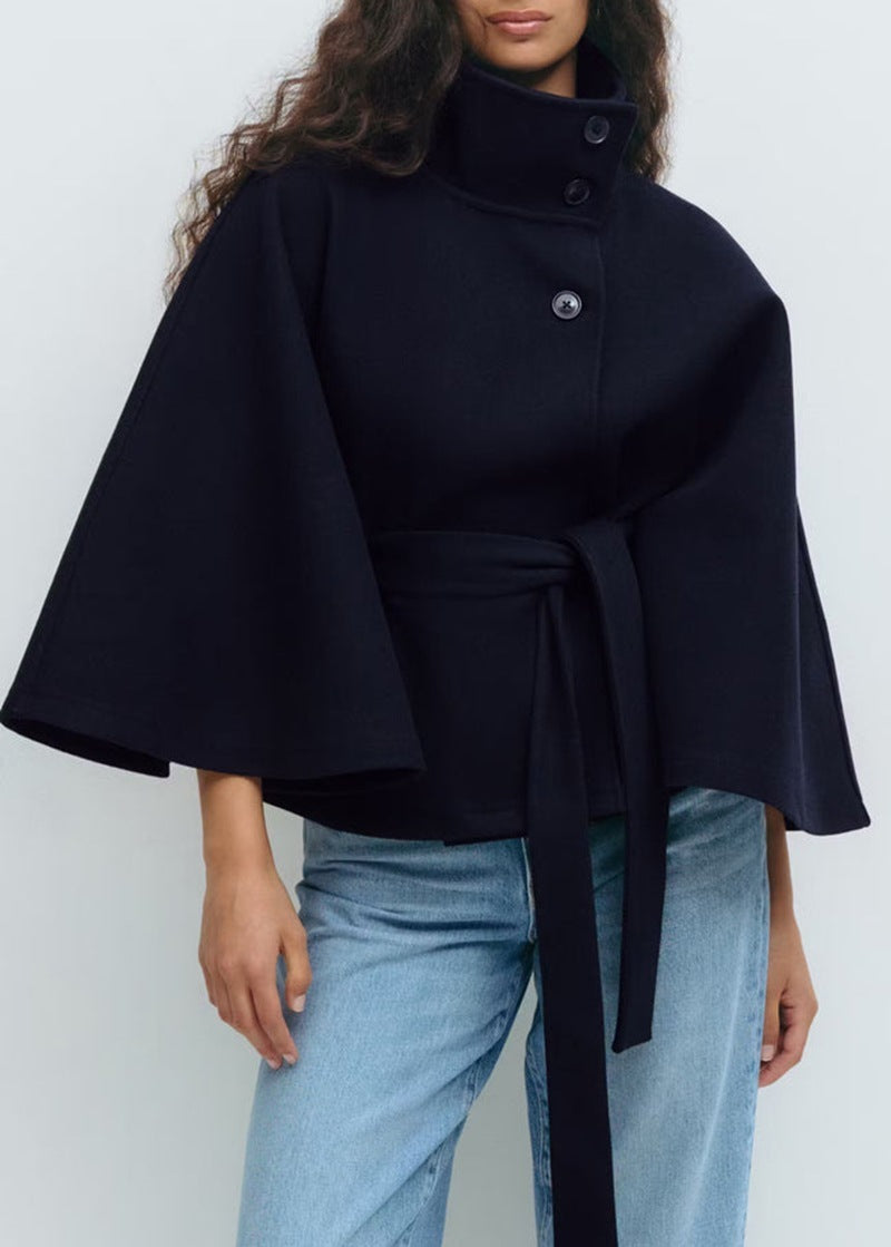 High Neck Batwing Sleeve Coat With Belt Loose Elegant Button Top Trench Coat For Clothing