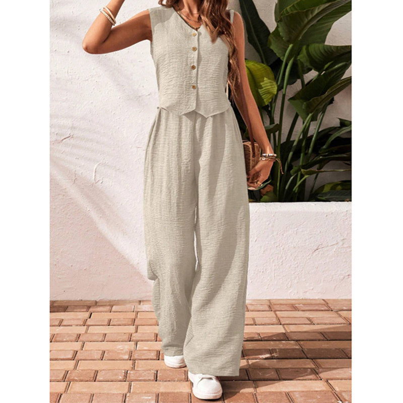 Womens Two Piece Outfits Button V Neck Crop Vest Blazer And Wide Leg Pants Suit Matching Sets