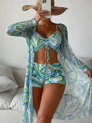 3pcs Pring Bikini With Long Sleeve Cardigan Beach Swimsuit Women