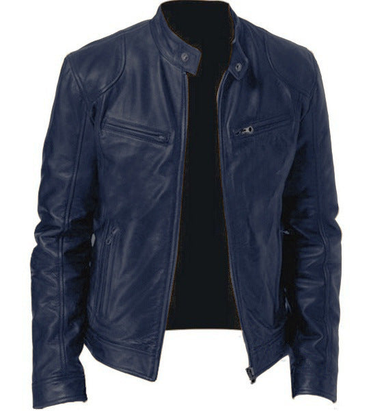 Men's Zip-up Cardigan PU Leather Jacket Pockets Stand Collar Short Tops Clothing