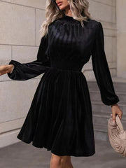 Mock Neck Velvet Midi Dress, Smocked Waist Long Sleeve Casual Dress