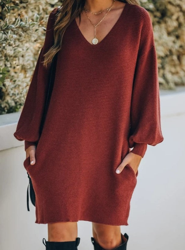 And Style Solid Color Pocket Sweater Dress