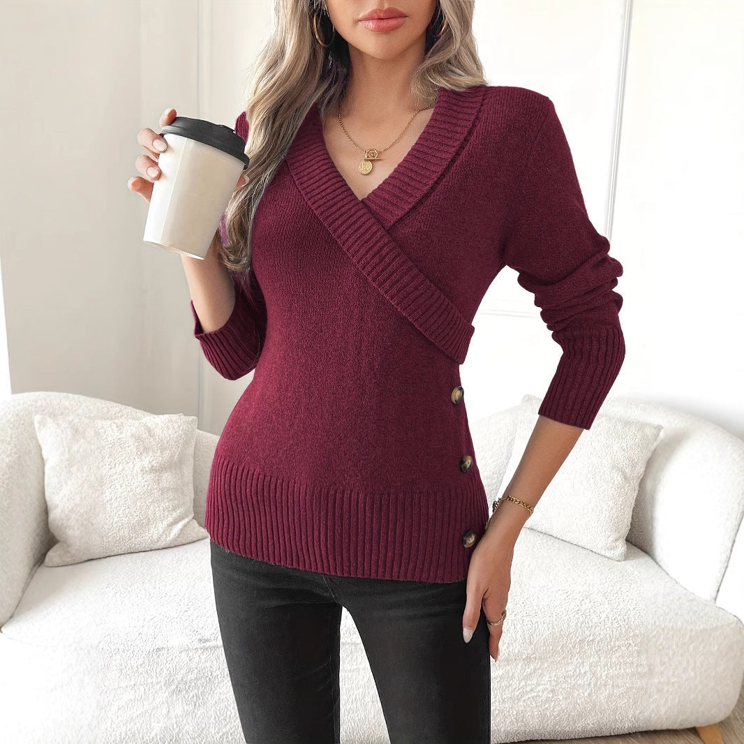 Pullover Button Elegant Knitted Sweaters Clothing