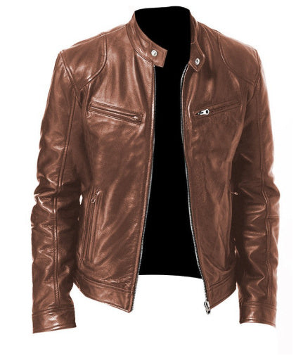 Men's Zip-up Cardigan PU Leather Jacket Pockets Stand Collar Short Tops Clothing