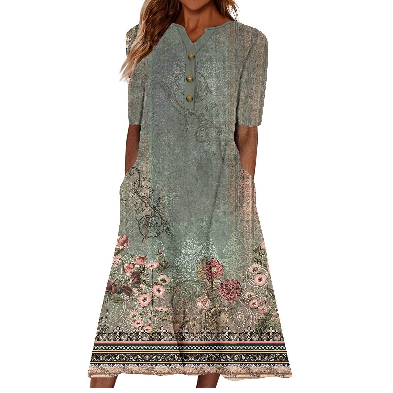 Casual Short Sleeved Long Midi Plain Dresses With Pockets