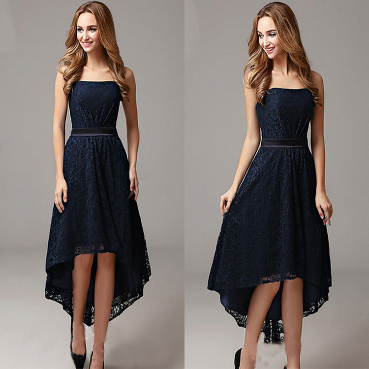 Temperament Lace Wrapped Chest Solid Color Slim Tail Cocktail Dress
