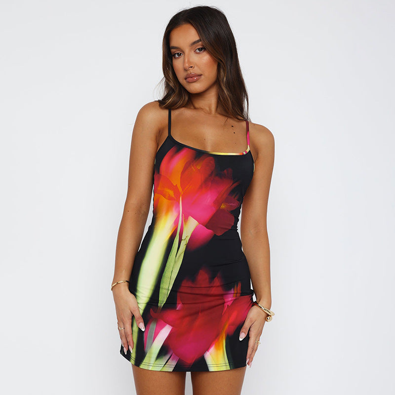 Flowers Printed Suspender Dress Slim Square Neck Short Dresses Beach Clothing For Women