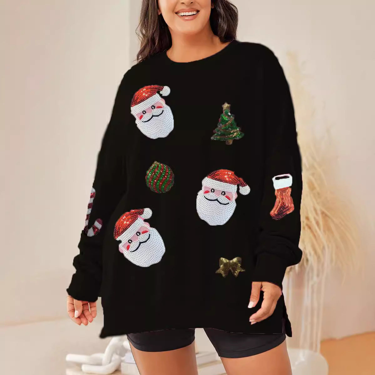 Christmas Sequined Top Loose Casual Long Sleeves Sweater