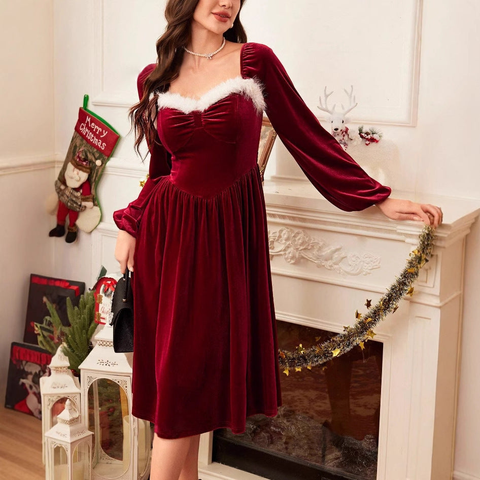 Vintage Christmas Party Long Sleeve Red Dress