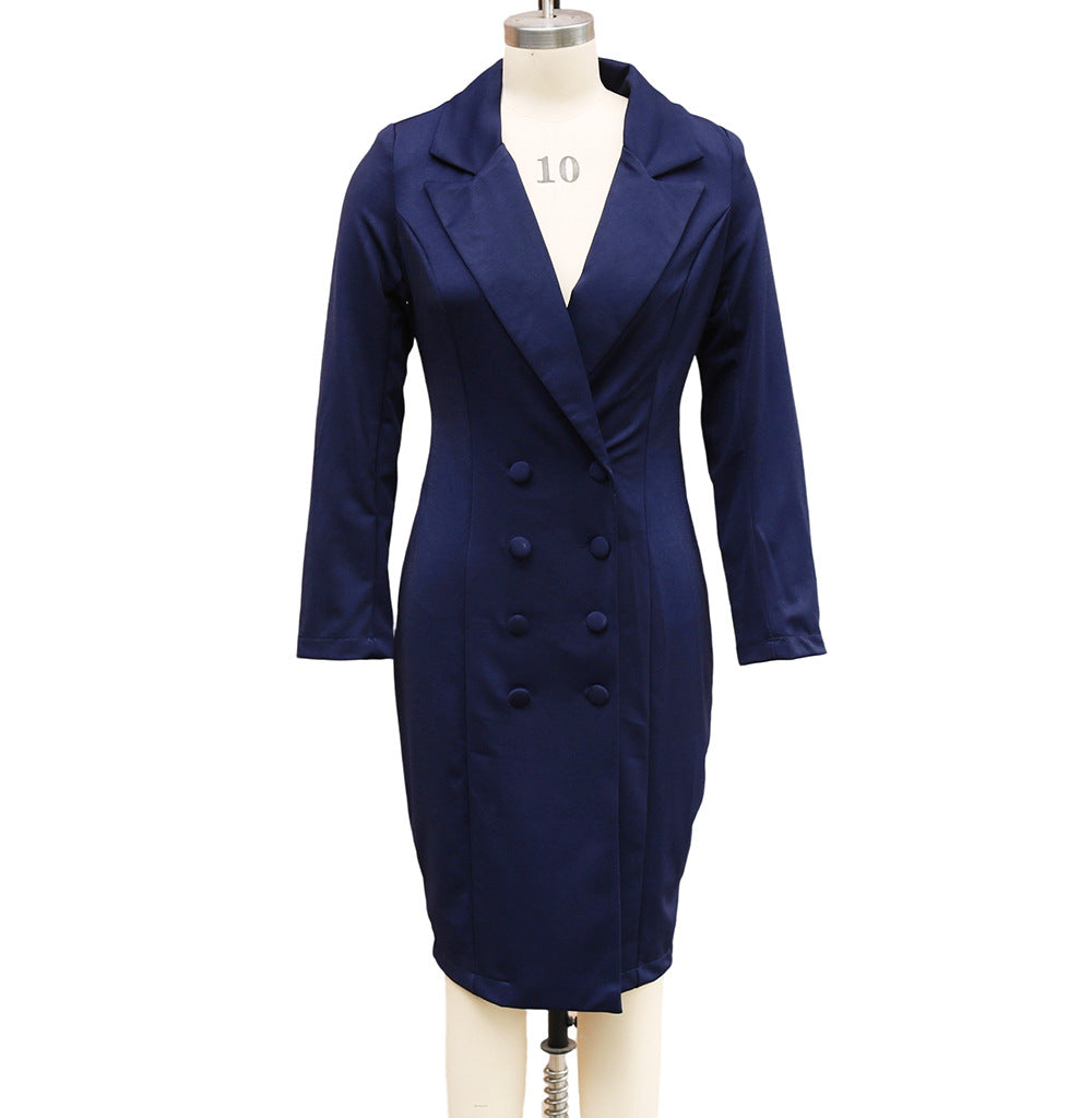 Double-breasted Blazer Dress Slim-fitting Hip-wrapped Lapel Long-sleeved Dresses Office Commuting Long Jacket Outwear For Clothing