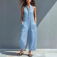 Casual Womens Buttoned Stand Collar Sleeveless Loose Jumpsuit