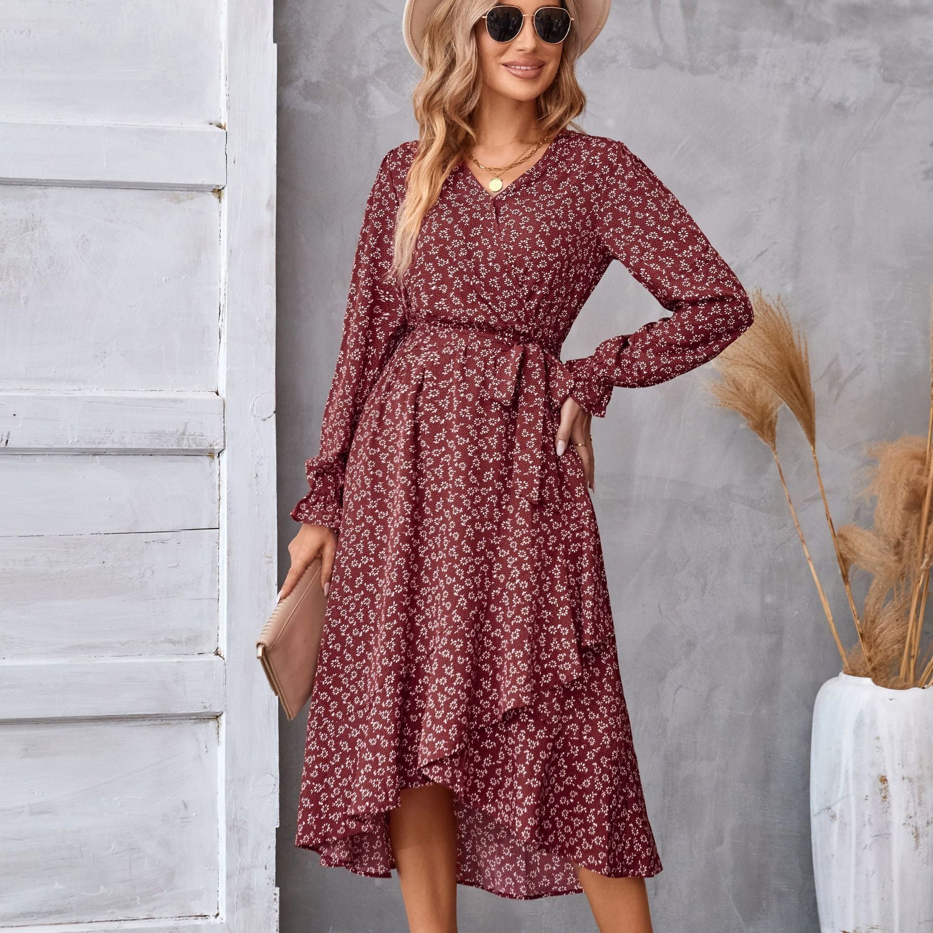 Flowers Print Long Sleeve Dress Ruffled Commuter Temperament Dresses Womens Clothing