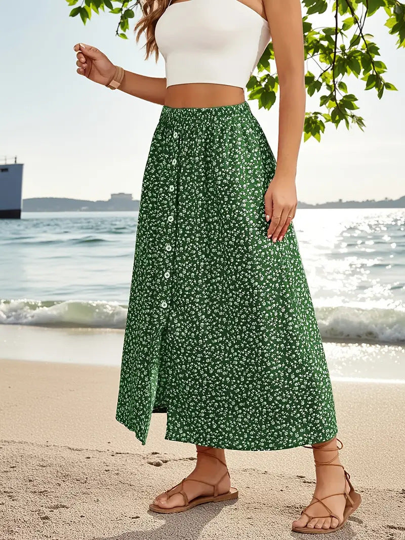 Printed Breasted Self-tie Pastoral A- Line Skirt Advanced Skirt