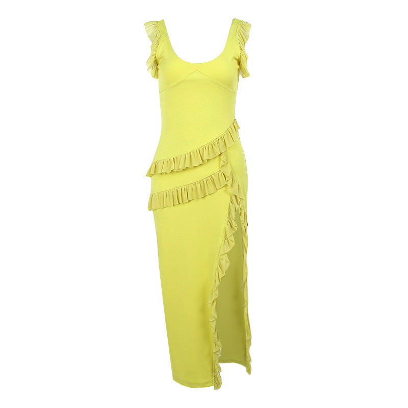 Shrinking Pleated Fluttering Straps V-Neck Dresses Crowd Design Irregular Long Dresses