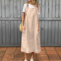 Adjustable Shoulder Strap Casual Cotton And Linen Dress