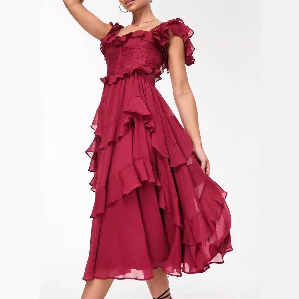 Holiday Ruffled Short-sleeved Dress Backless Square Neck Long Dresses For Party Womens Clothing