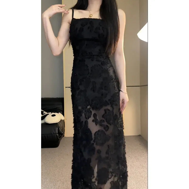 Elegant Black Lace Sling Dress