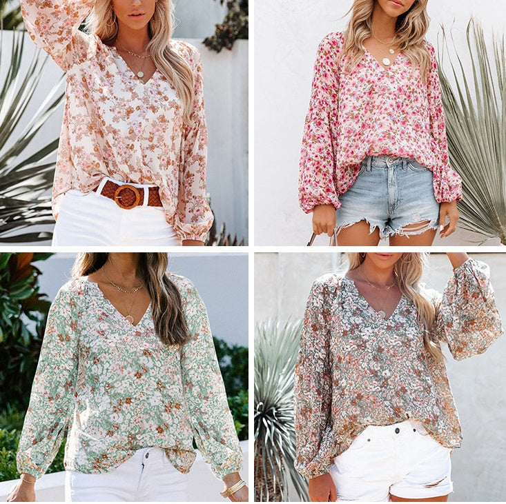 Lantern Sleeve Shirt Floral Print Chiffon Shirt