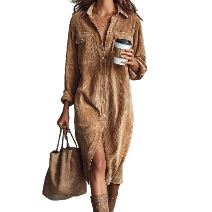 Turn-Down Collar Buttons Chic Casual Dress, Spring Solid Simple Party Dress, Long Sleeve Holiday Ladies Dress