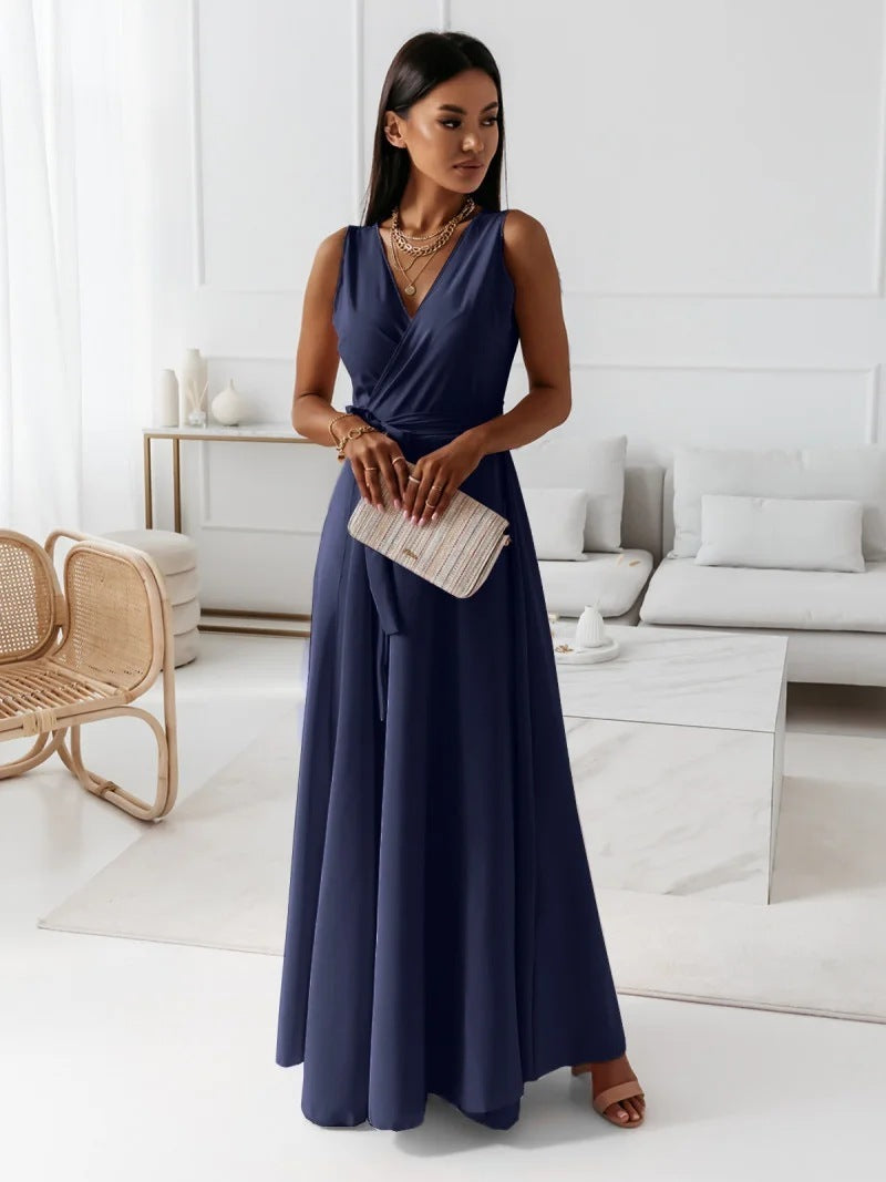 V-neck Sleeveless Dress With Belt Party Club Evening Maxi Dresses For Clothing