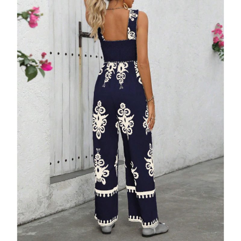 Boho Jumpsuits One Piece Beach Vacation Outfits Shirred Strap Wide Leg Pants Rompers With Pockets