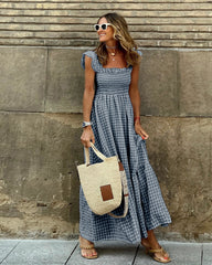 Plaid Print Pleated Ruffle Dress INS Sleeveless A-line Swing Beach Dress Clothing