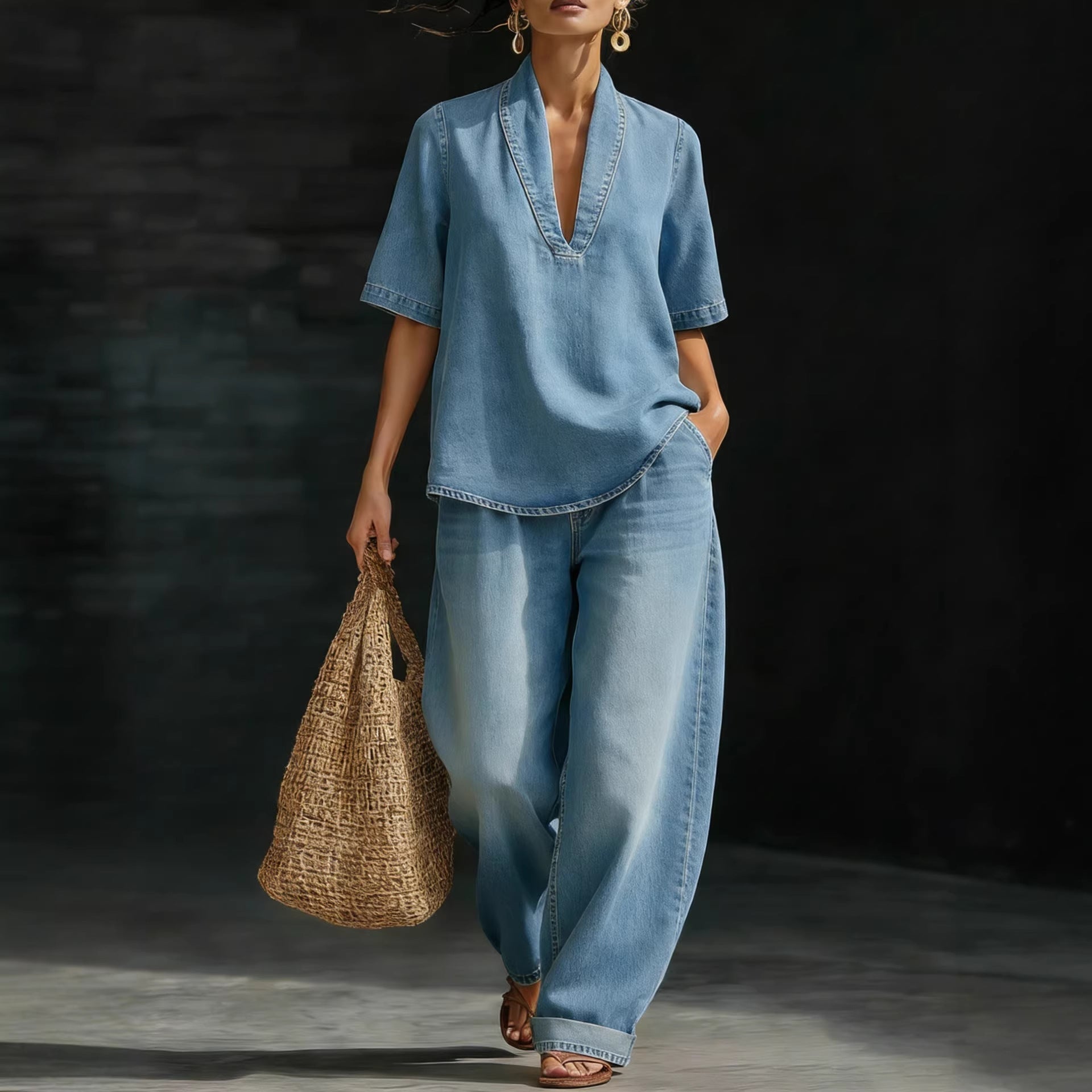 Casual Retro Denim Pants Set