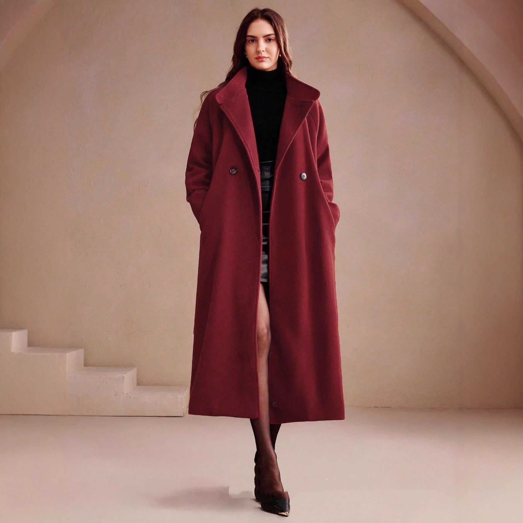 Double-breasted Long Wool Coat With Suit Collar