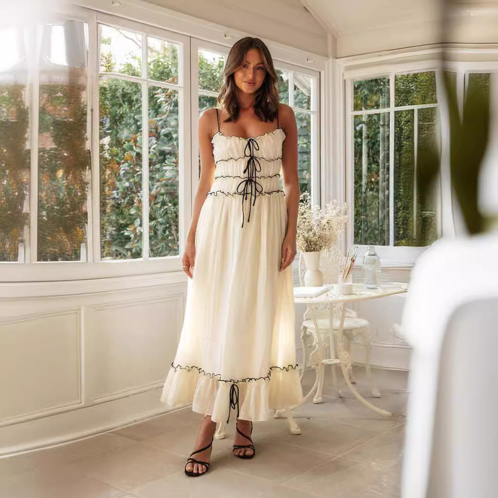 Suspender Spaghetti Strap Long Dresses With Bow Pleat Design Sweet Bow Beach Dress For Womens Clothing