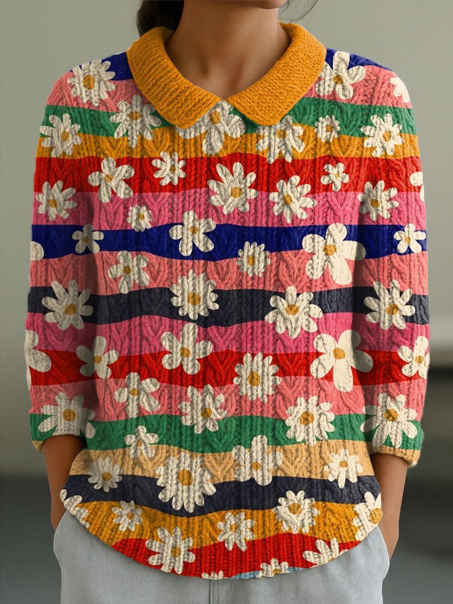 And Doll Collar Knitted Jacquard Fabric French Retro Printed Top