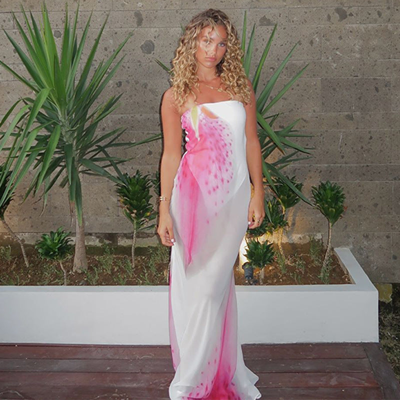 Floral Print Tube Top Slit Bodycon Mesh Dress For Women