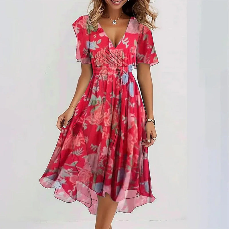 Flowers Printed V-neck Dress A-line Short-sleeved Dresses For Women