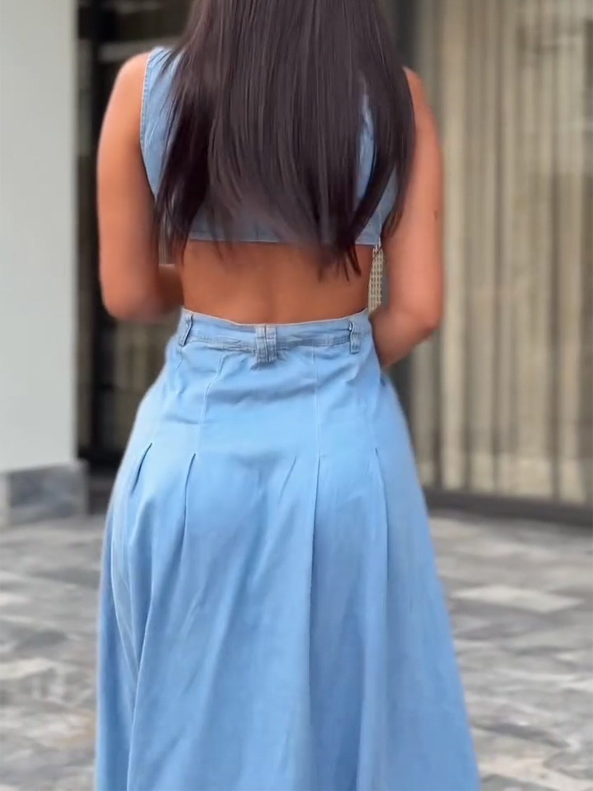 V-neck Metal Button Sleeveless Long Dress