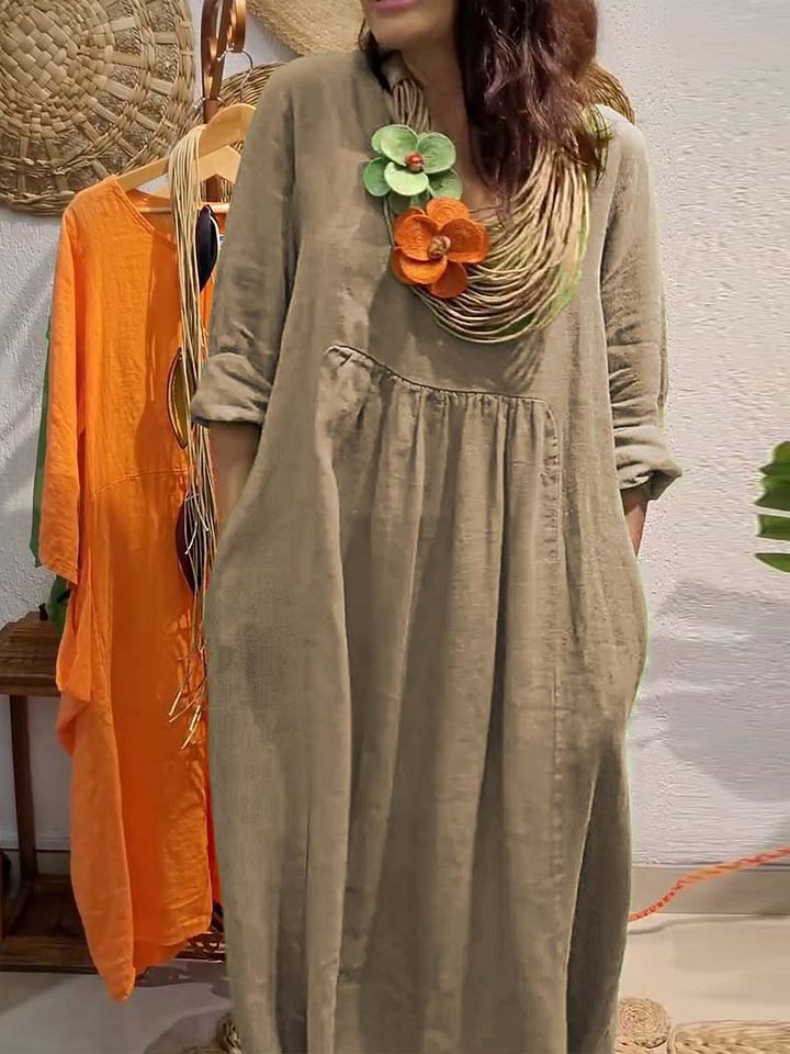 Casual Solid Color Cotton And Linen Pocket Dress
