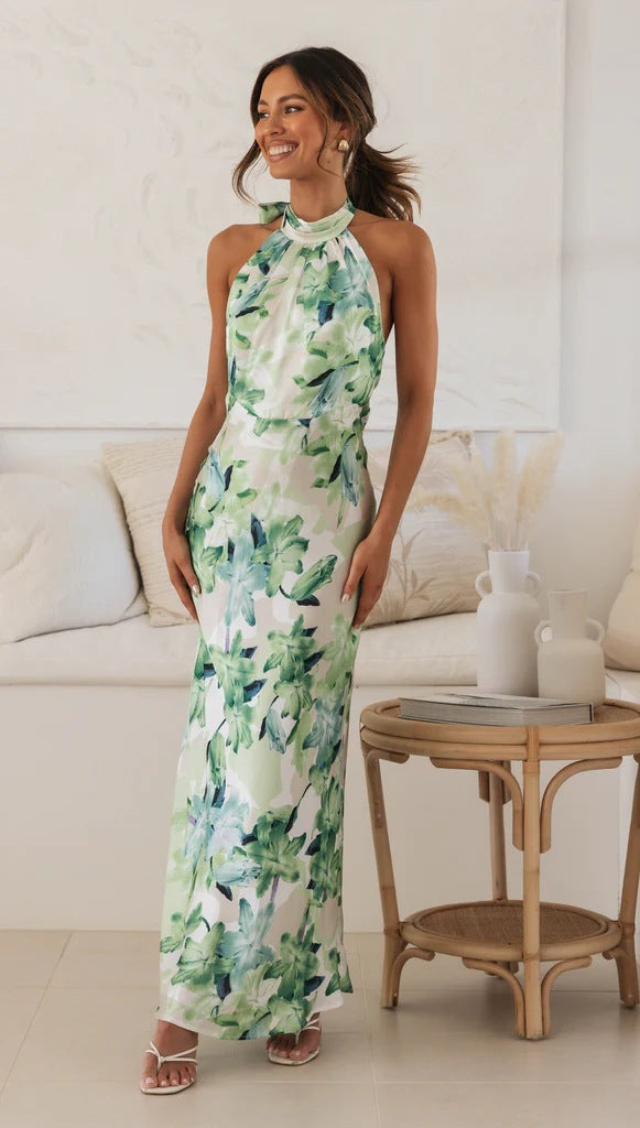 SpringFloral Digital Print Sweet Halter Mid Length Dress