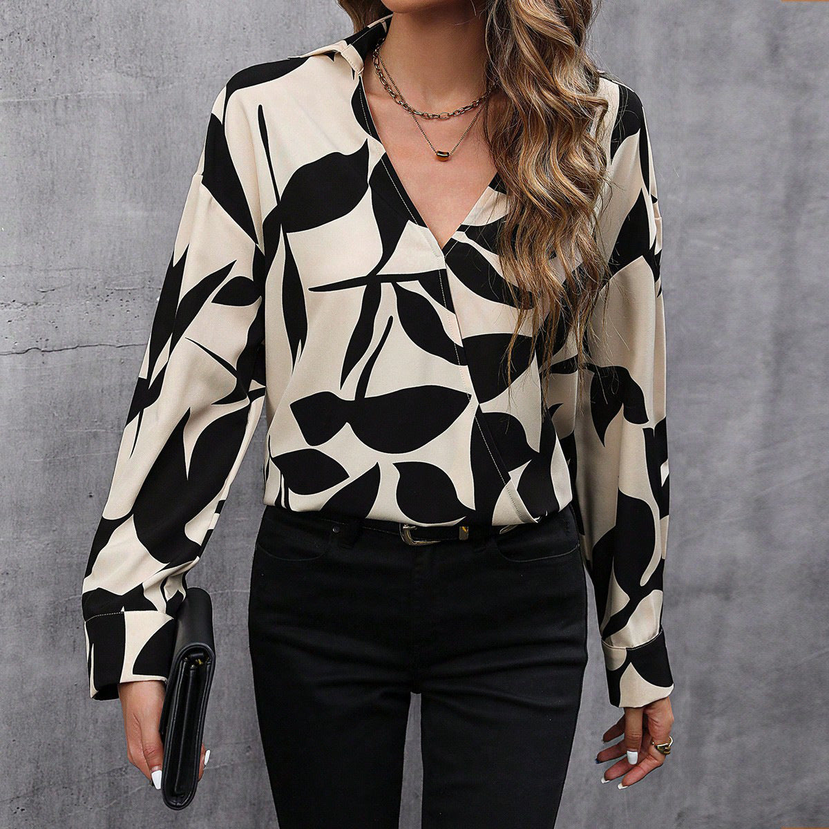 Printed V-Neck Long-Sleeve Loose Casual Top