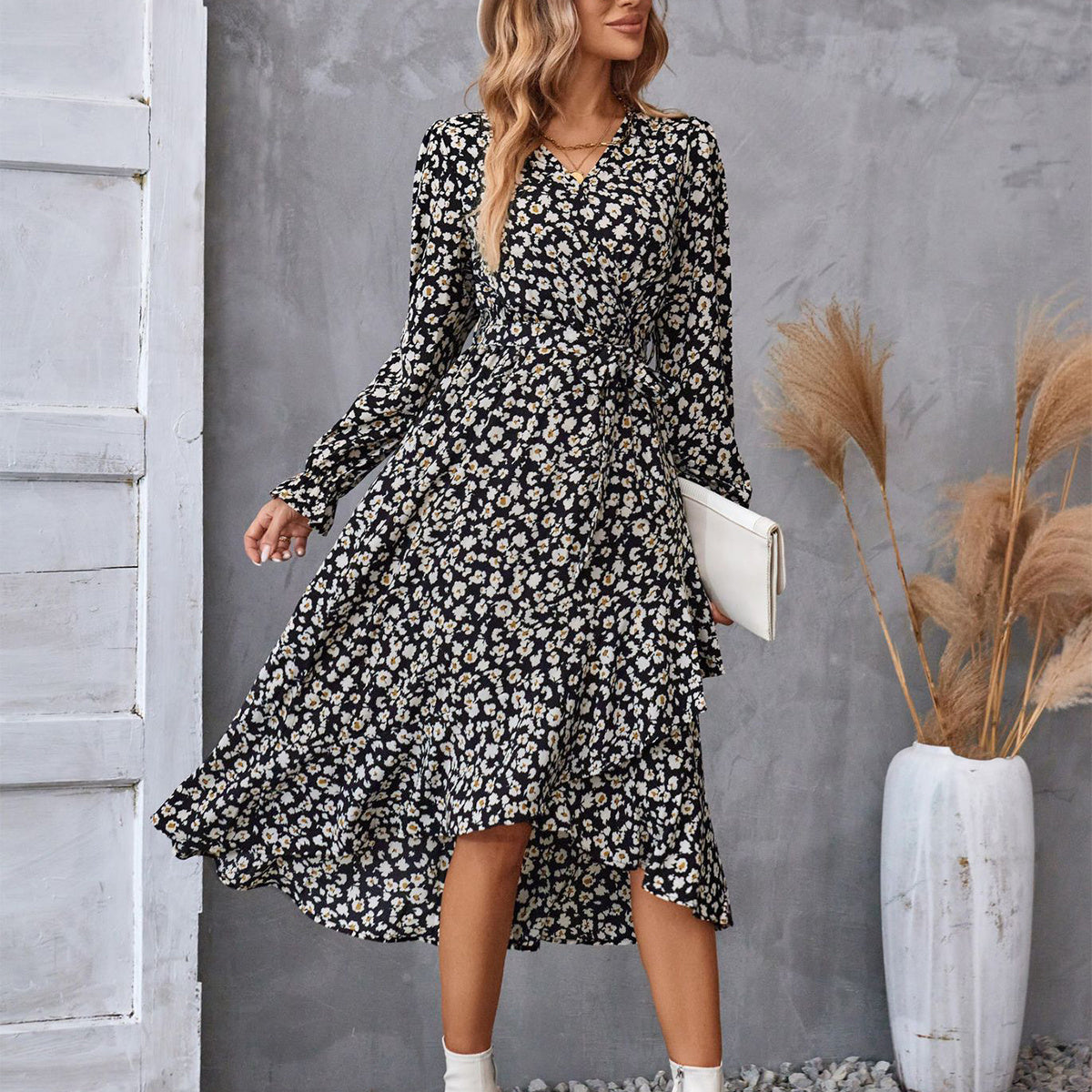 Flowers Print Long Sleeve Dress Ruffled Commuter Temperament Dresses Womens Clothing