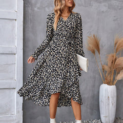 Flowers Print Long Sleeve Dress Ruffled Commuter Temperament Dresses Womens Clothing